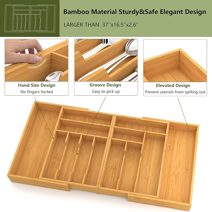 Suli Extra Large Silverware Drawer Organizer,Expandable 22in to 37in,Bamboo | 2.6in Deep,13 Slot,Removable Design,Expandable Utensil Tray for Kitchen Drawer,Big Adjustable Cooking Cutlery Flatware Holder - Image 7