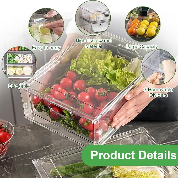 Extra Large Refrigerator Organizer Bins with Pull-out Drawer, Stackable Clear Bins with 3 Dividers, Pantry Organization and Food Storage - Image 5