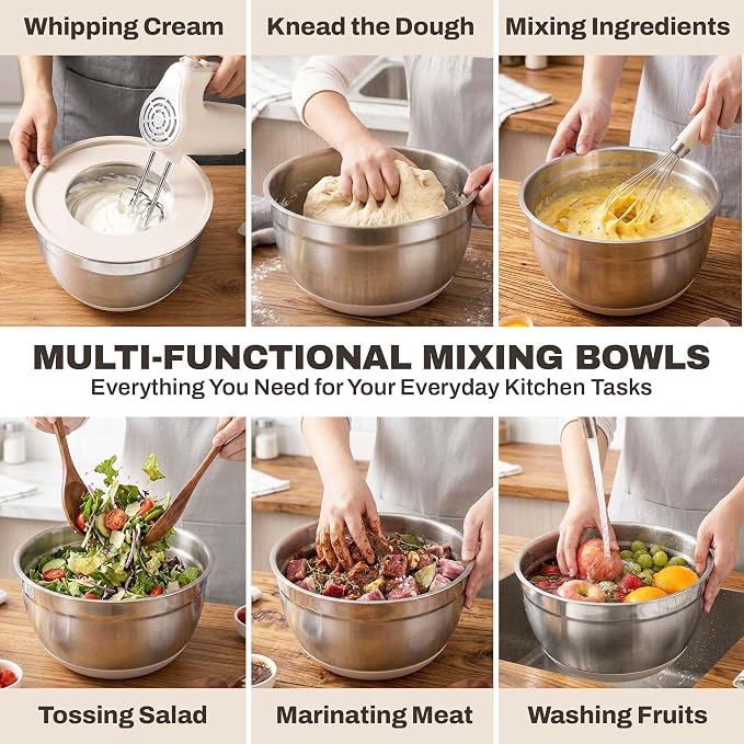 Four Flowers Heavy-Duty Mixing Bowls Set with airtight lids – 11 PCS Stainless Steel Nesting Kitchen Bowls, Mixing Bowls with Non-Slip Bottoms and Grater Attachment, Best for Mixing and Serving - Image 5