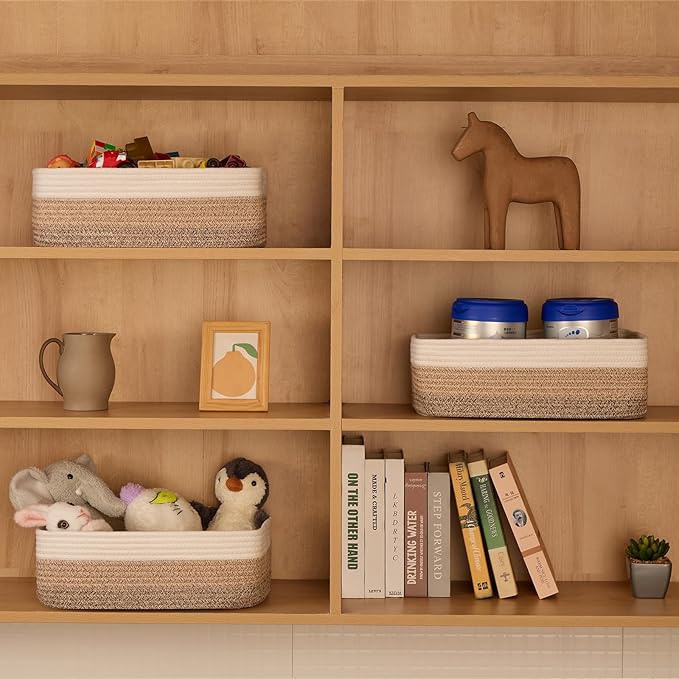 MiniArk Large Shallow Organizing Baskets 15x11x5.1 Inches - Rope Woven Storage Bins for Bathroom, Shelves, Cube Closet, Gradient Brown 2 Packs - Image 3