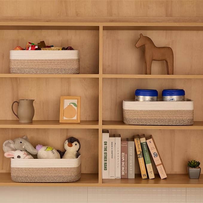 MiniArk Large Shallow Organizing Baskets 15x11x5.1 Inches - Rope Woven Storage Bins for Bathroom, Shelves, Cube Closet, Gradient Brown 3 Packs - Image 3
