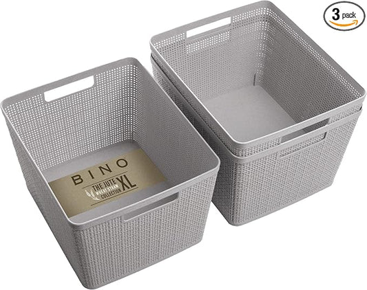 BINO | Woven Plastic Basket | Large (Natural Grey), 3-Pack | THE JUTE COLLECTION | Home Organization, Space - Saving Storage, Stylish Design | Jute Basket | Plastic Storage Basket by BINO