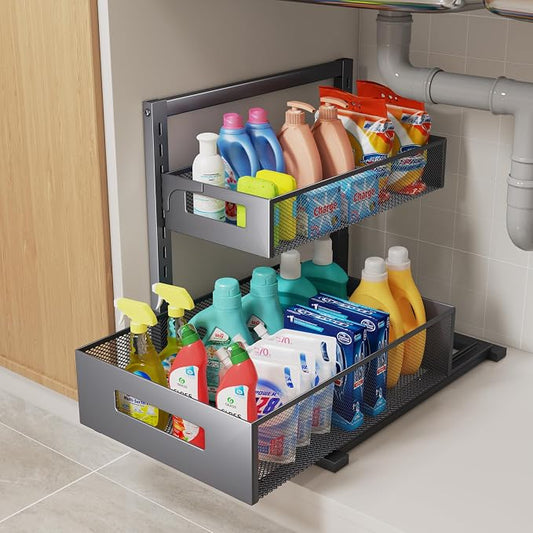 Petiza Under Sink Organizer Pull Out Cabinet Organizer Adjustable Height 2 Tier with Sliding Drawers Kitchen Bathroom Organizer and Storage(Gray-1pc) by petiza