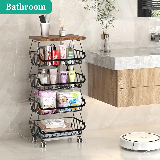 CHLORYARD Fruit Basket with Wooden Lid for Kitchen, 5-Tier Stackable Wire Fruit Vegetable Storage Basket Organizer Stand on Wheel, Produce Basket Potato Onion Storage Bins Rack Cart for Pantry - Image 6