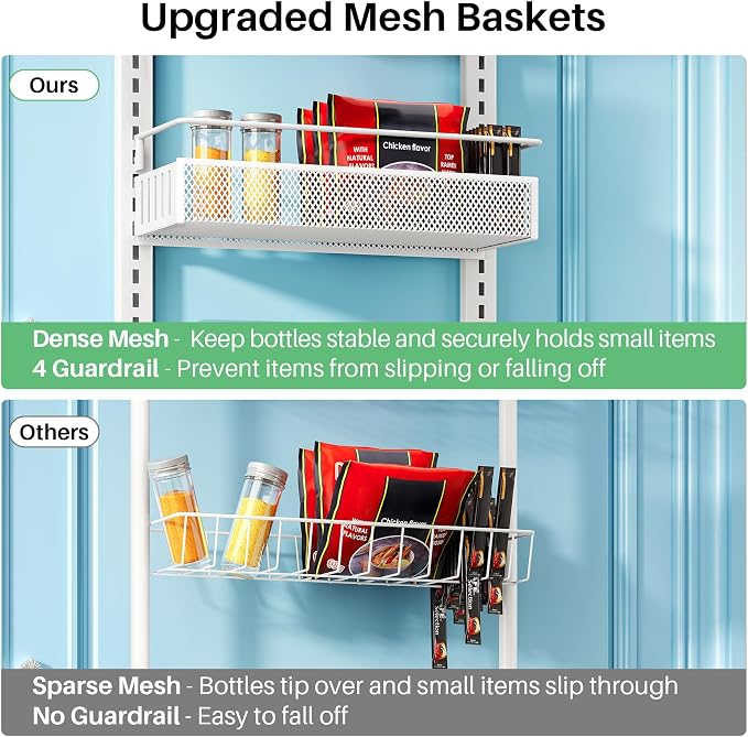 SNTD 8 Tiers Narrow Over the Door Organizer, 12.3"W x 4.7"D x 69"H, White | Pantry Door Organizers and Storage, Height Adjustable Spice Rack, Dense Mesh Baskets, Anti-Swing, Adjustable Door Fastener - Image 9