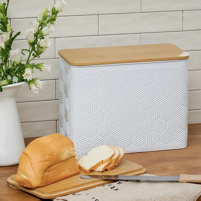 Extra Large Hexagon Stripe Embossed Bread Box with Bamboo Lid | Corner Breadbox for Homemade Bread, White Metal Storage Container Bin for Kitchen Countertop, Fits 2 Loaves of Bread - Image 3