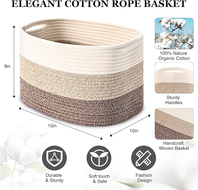Cotton Rope Storage Baskets for Organizing 1Pack 15"x10"x9" Woven Baskets for Storage,Shelf Baskets Cube Storage Bins Towel Baskets for Bathroom,Toys Baskets Nursery Basket Laundry Baskets(White/Brown) - Image 2
