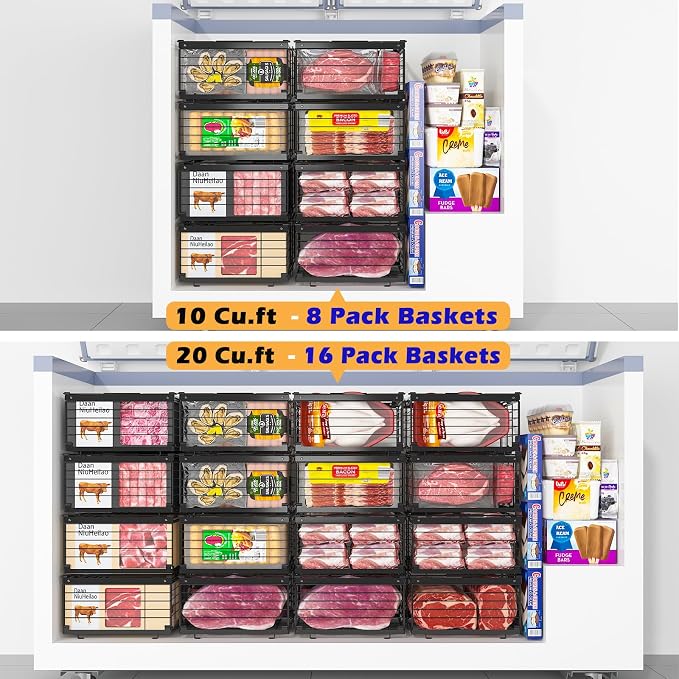 NADAMOO Expandable Chest Freezer Organizer, Stackable Wire Baskets | Adjustable 11-17.3 Inches, Heavy Duty 35 lbs Capacity, Foldable Handles, 360° Airflow, Fits 5-20 Cu Ft Models, 3 Pack - Image 7