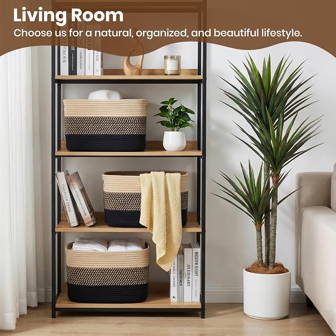 Storage Baskets for Organizing, 14 x 10 x 9” Closet Shelf Woven Baskets, Square Bins with Handles, Cotton Rope Basket for Clothes, Office, Room, Black+Brown 1Pack - Image 3