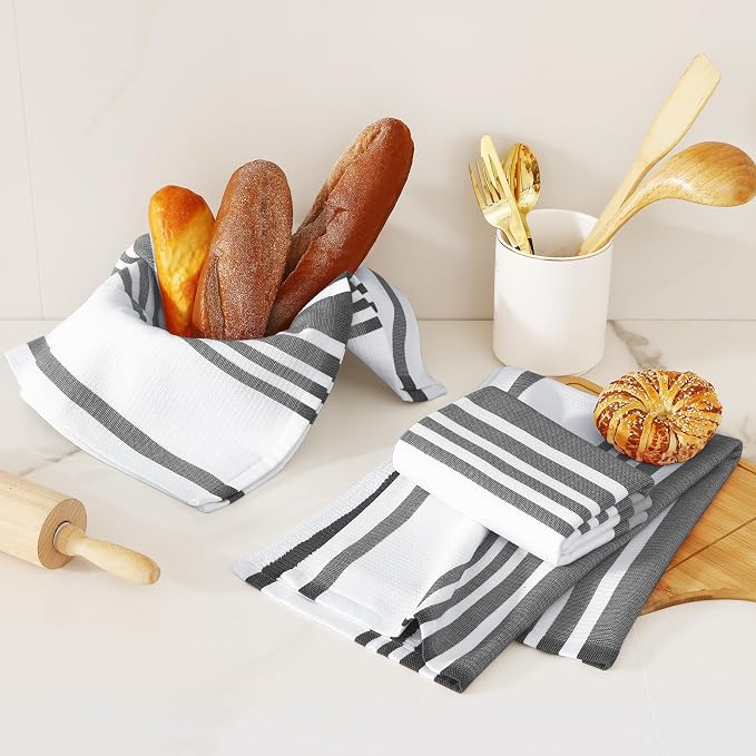 Homaxy Premium Cotton Stripe Kitchen Towels 6 Pack, 18"x 28", Black | Large 380 GSM Kitchen Hand Towels, Soft Terry Dish Towels, Highly Absorbent Tea Towel Set with Hanging Loop - Image 6