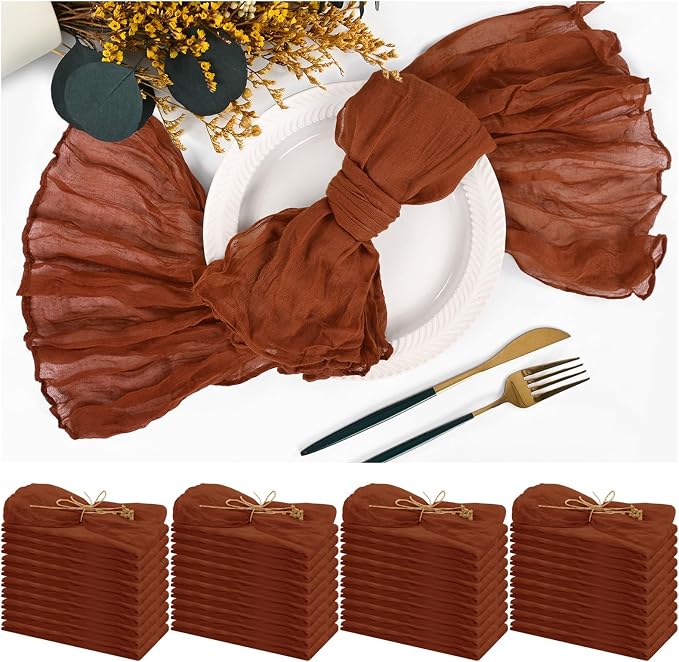 Teruntrue Set of 42 Gauze Cheesecloth Napkins Wrinkled Dinner Napkins, Terracotta Rustic Boho Napkins Soft Cotton Table Napkins Decorative Cloth Napkins for Wedding Party Table Decoration,20 x 20 Inch by Teruntrue