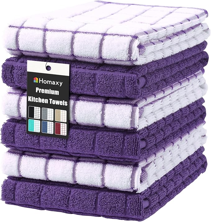 Homaxy Large Premium Cotton Kitchen Towels 16"x 28", 6 Pack, Purple | Natural Ring Spun 390 GSM Dish Towels, Super Absorbent Terry Kitchen Hand Towels, Soft Tea Towels with Hanging Loop by Homaxy