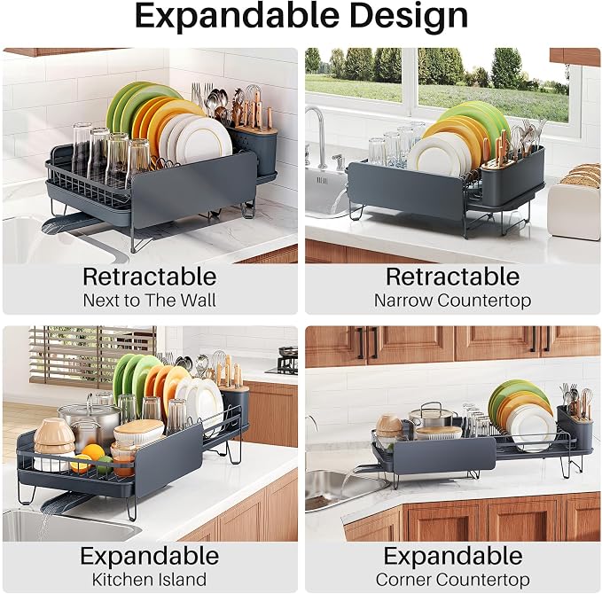 SNTD Large Dish Drying Rack for Kitchen Counter, Expandable, Grey | Stainless Steel Dish Drainer, Adjustable Length 18.9''-29.3'', Automatic Drainage, 360° Spout, Cutlery Holder with Knife Slot - Image 3