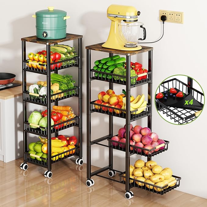 Fruit Vegetable Storage Basket for Kitchen, 5 Tier Large Pull-Out Metal Wire Baskets with 4 Pack Mats Bottom, Wood Top and Wheels, Vegetable Produce Bins Stand Cart Rack for Onions and Potatoes by MiyawellOfficial