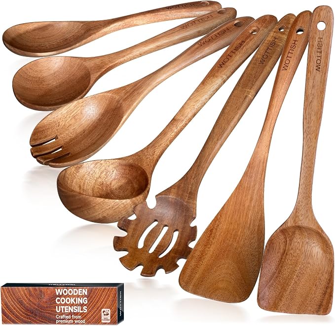 Wooden Spoons for Cooking,WOTTISH 7Pcs Wooden Cooking Utensils,Nonstick Wooden Spatula,Wooden Kitchen Utensils Set Non Toxic,Wooden Utensil Set(A07) by WOTTISH