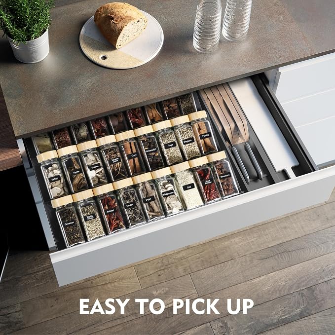 AiQInu Spice Rack Drawer 8 Pieces, Drawer Organiser System from 23 cm to 46 cm, Extendable Kitchen Shelf, Spice Stairs, Spice Insert Drawer, for Kitchen, Worktop, Cupboard, Shelf - Image 2