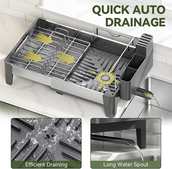 Urackify Expandable Dish Drying Rack, Stainless and Aluminum Frame, Gray | Dish Drainer for Kitchen Counter, Space Saving Kitchen Drying Rack with Movable Utensil Holder, 19.69"L x 13.46"W x 9.06"H - Image 5