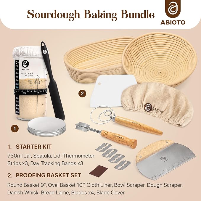 ABIOTO Sourdough Bread Baking Supplies and Starter Kit - Ultimate Bread Making and Sourdough Starter Kit with Proofing Baskets, 24oz Sourdough Jar, Bread Lame, Scrapers and Danish Whisk - Image 2