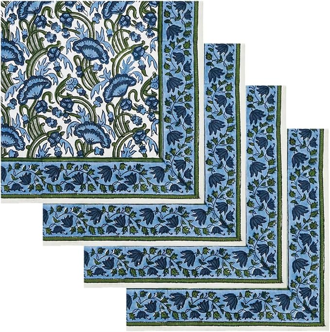 Handblock Print 100% Cotton Napkins Set of 4, Green Blue Washable and Durable Everyday Use Cloth Napkins for Picnic Party Dining Kitchen Home Decor Christmas Gifting 16 X 16 Inches - Image 2