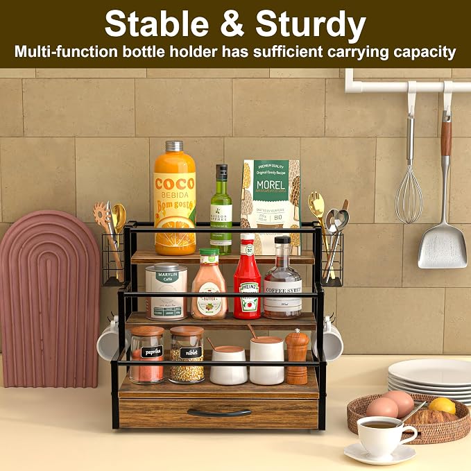 Coffee Syrup Organizer Rack, 4-Tier Stand with K-Cup Drawer & Side Hooks | All In One Holds 12 Syrup Bottles , 36 K-Cups Pump Use On-Shelf for Home Kitchen Pull-Out Drawer Side Basket For Mugs/Stirrer - Image 7