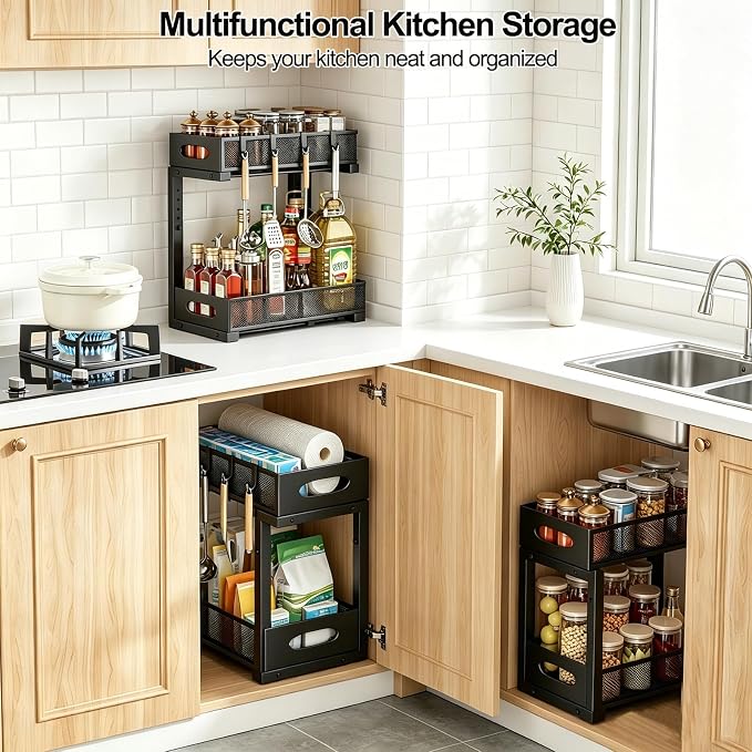 2-Pack Under Sink Organizer, 2-Tier Pull Out Cabinet Storage, Black | Rustproof Carbon Steel, Mesh Sliding Drawers, 5-Level Height Adjustable to Bypass Pipes, for Kitchen, Bathroom, Laundry - Image 4
