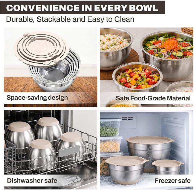 Four Flowers Heavy-Duty Mixing Bowls Set with airtight lids – 11 PCS Stainless Steel Nesting Kitchen Bowls, Mixing Bowls with Non-Slip Bottoms and Grater Attachment, Best for Mixing and Serving - Image 6