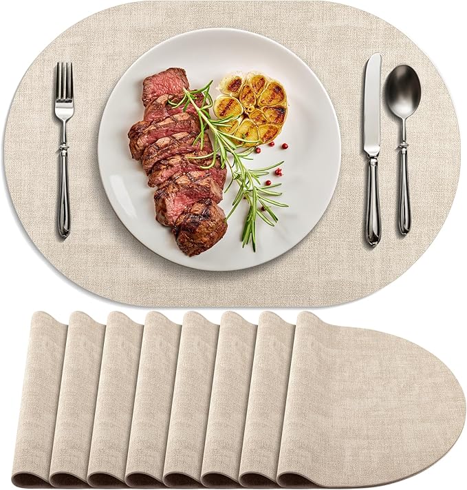 Placemats for Dining Table Set of 8 Non-Slip, Heat Resistant Oval Leather Placemat Double Layer, Waterproof Table Mats Easy to Clean for Kitchen Dining Room Coffee Office Table, Beige by Delicateandelegantplacemats