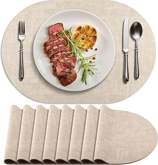 Placemats for Dining Table Set of 8 Non-Slip, Heat Resistant Oval Leather Placemat Double Layer, Waterproof Table Mats Easy to Clean for Kitchen Dining Room Coffee Office Table, Beige by Delicateandelegantplacemats