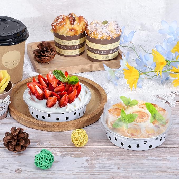 Beasea Mini Tart Pans with Lids 50 Pack, 4” 8oz Disposable Aluminum Baking Foil Tins Round Small White Black Dot Container for Individual Cupcake Dessert Muffin Ramekin Cheesecake Quiche Oven Dishes - Image 4