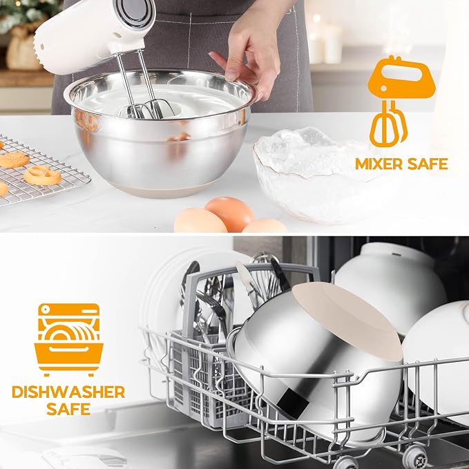 Onader Mixing Bowls with Lids Set of 6, Large Metal Nesting Mixing Bowls, Stainless Steel Non-Slip Salad Bowl Khaki – Size 0.7, 1, 1.5, 2, 2.6, 4.6QT - Image 8