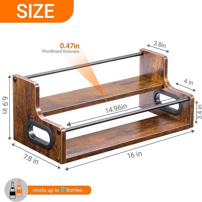 YQBRAO 2-Tier Liquor Bottle Display Shelf, 16-Inch, Rustic Brown | Holds up to 8 bottles with a shallow footprint for coffee corners, kitchens, small counters, and home bars. - Image 3