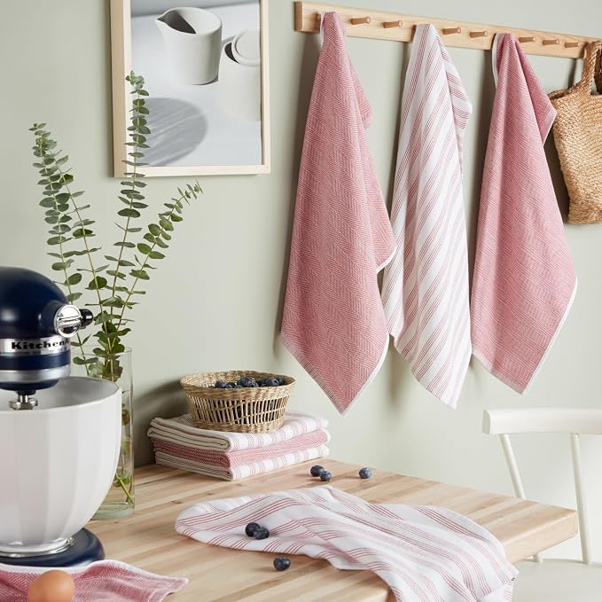 KitchenAid Chambray Stripe Kitchen Towels 8-Pack, Absorbent 100% Woven Cotton, Passion Red/White, 17”x28” - Image 2