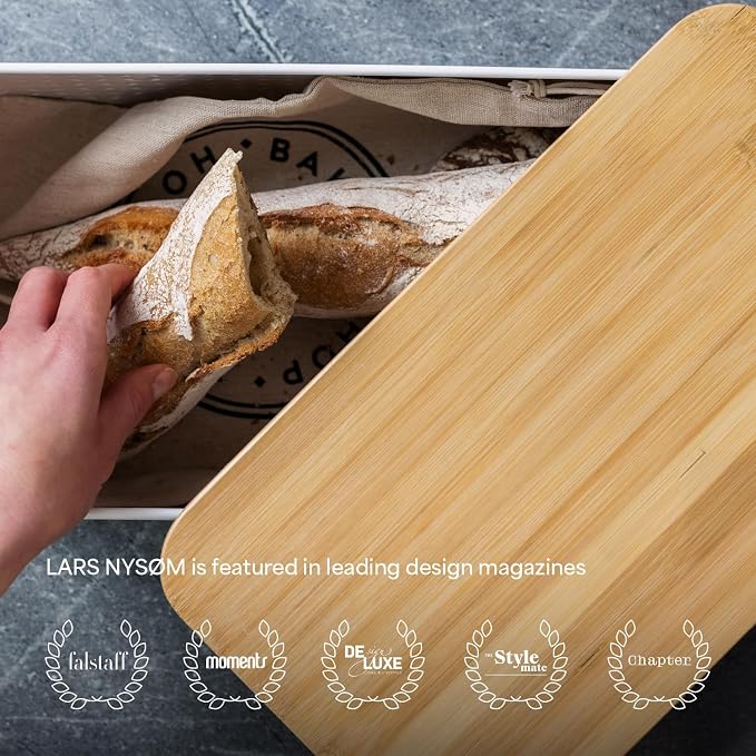 LARS NYSØM Bread Box I Metal bread box for long lasting freshness with non-slip pads I Baked goods Bin with bamboo lid usable as cutting board I 13.6x7.3x6.2in (Pure White) - Image 5