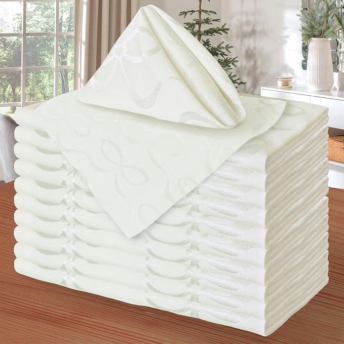 White Cloth Napkins Pack of 12, 18"x18" - Cotton & Polyester, Wrinkle/Fade Resistant, Washable & Reusable - Wedding Napkins for Reception, Jacquard Napkin for Banquet & Engagement Party, Bows Design by VOOVAMOVAS