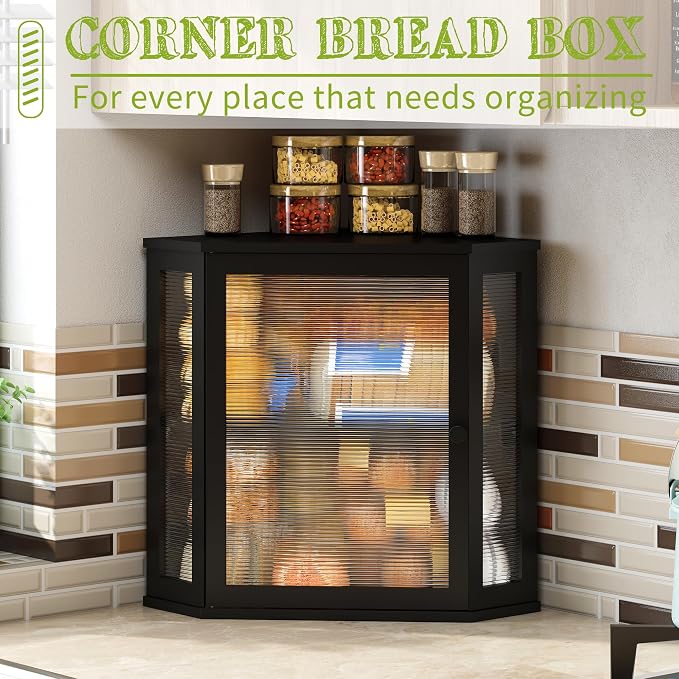 BMOSU Corner Bread Box for Kitchen Countertop Double Layer Bamboo Wooden Bread box Large Capacity Bread Storage Bin(Black, Extra Large) - Image 3