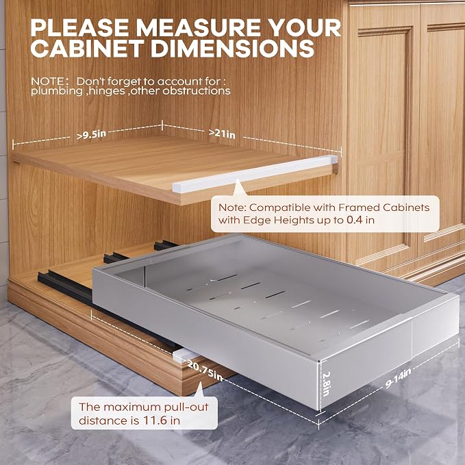 Seinloes 2 Pack Expandable Width (9"-14.1") Pull Out Cabinet Organizer 21" Deep with Raising Pad for Framed Cabinets, Upgrade 3 Slide Rails Slide Out Drawers, Roll Out Shelves Adhesive, Silver - Image 2