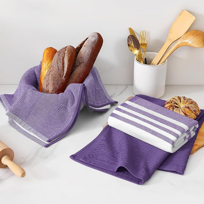 Homaxy Cotton 380 GSM Premium Kitchen Towels, 18"x 28", 3 Pack, Purple | Soft and Absorbent Terry Dish Towels, Multipurpose Tea Towel Set with Hanging Loop, 3 Styles Kitchen Hand Towels - Image 6