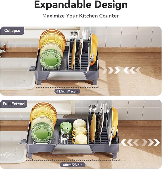 Urackify Large Dish Drying Rack, Expandable Dish Drainer, Gray | Extendable 16.3" to 23.6" L, with Drainboard & Utensil Holder, Anti-Rust, Fits Any Sink, High capacity, Easy to Install - Image 5