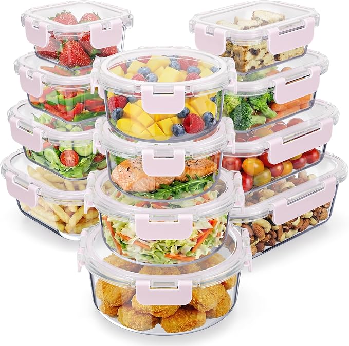 Emporio Kitchen Borosilicate Glass Food Storage Containers with Lids 24 Pieces, BPA-Free Stackable Lunch & Leftover Containers, Microwave, Freezer & Dishwasher Safe, 100% Airtight Leak-Proof, Pink by Unknown