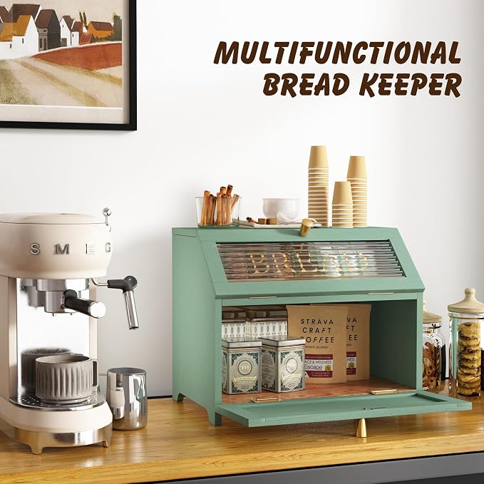 HOLTICO Double Layer Bread Box with Golden Trim for Kitchen Countertop | Wooden Bread Container for Kitchen Counter, Large Capacity Bread Keeper, Farmhouse Food Organizer with Glass Window - Image 6