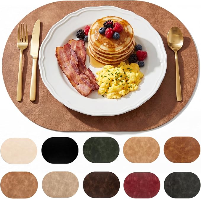 Oval Placemats 2mm Ultra Thick Faux Leather Table Mats, Heat Resistant Waterproof Wipeable Dining Mats for Kitchen Table, Set of 4, Light Brown by BIPASION
