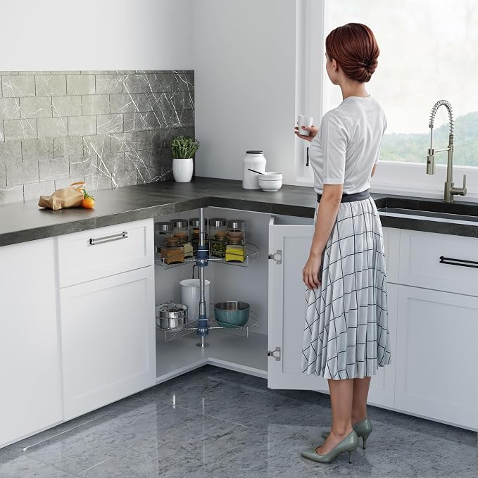 Dowell Base Cabinet Kidney Shape Dia.32 270° Lazy Susan, 2 Shelves, Kitchen Base Corner Cabinet Organizer (Chrome 4001 270 32) - Image 3