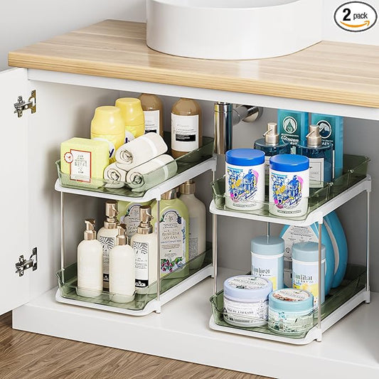 Delamu 2-Tier Multi-Purpose Bathroom Under Sink Organizers and Storage, Stackable Kitchen Pantry Organization, Pull Out Medicine Cabinet Organizer with Movable Dividers, Light Green, 2 Pack by DELAMU