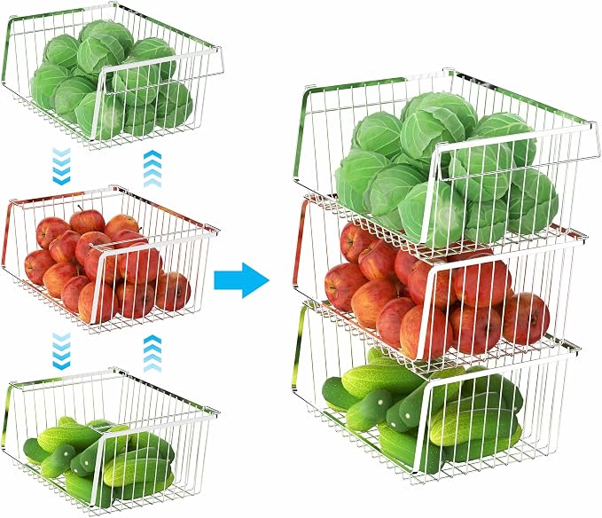 Wire Storage Basket Stackable Organizer Storage Baskets Bins Sturdy Metal Organization with Handles for Pantry, Kitchen, Closets, Bathroom, Cabinets, Kitchen, Set of 3 - Image 5