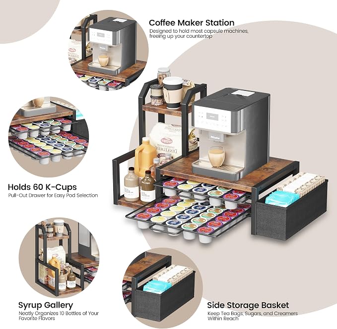 Homeiju K Cup Organizer for Countertop,Holds 60 K-Cups & 10 Syrup Bottles | Coffee Station Organizer with Coffee Pod Holder, Pull-Out Drawer with Anti-Slide Lock, Side Basket & Syrup Rack, Rustic Brown - Image 3
