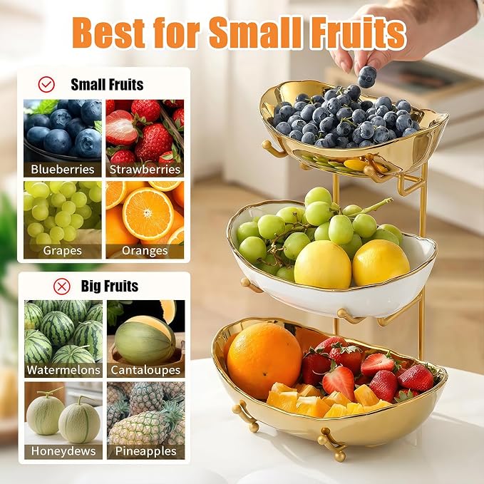 Ceramic Fruit Bowl for Kitchen Counter - 3 Tier Fruit Basket with Metal Stand, Tiered Fruit Stand for Countertop, Snack, Nuts, Cake, Dessert, Small & Cute (Gold & White,Small) 2 - Image 4