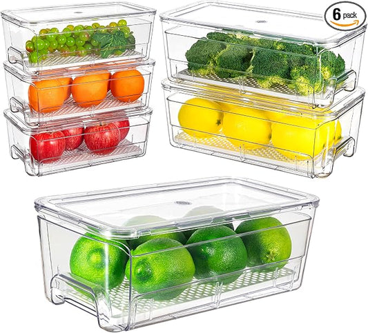Imncya 6 Pack Stackable Pull-Out Fridge Organizer Drawers, Clear Refrigerator Drawer with Lids, Fridge Stackable Storage Drawers for Veggies, Fruits, Food Storage and Organizer by Imncya