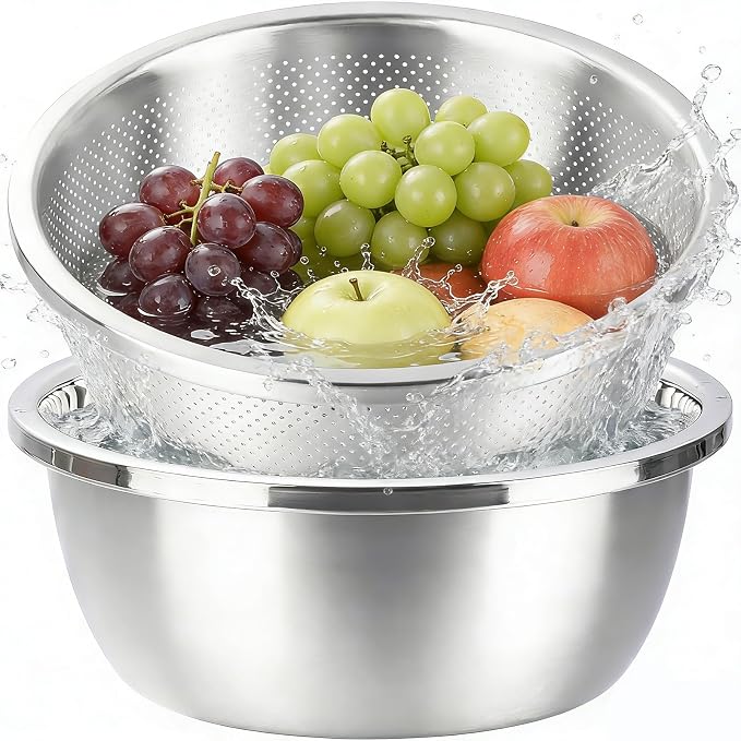 Colander and Bowl Set 7.3QT (2-in-1) - Thickened 304 Stainless Steel Kitchen Strainer Bowl for Fruit, Pasta, Vegetables, Rice - Heavy Duty, Induction Cooker & Dishwasher Safe by FocusOnReliability
