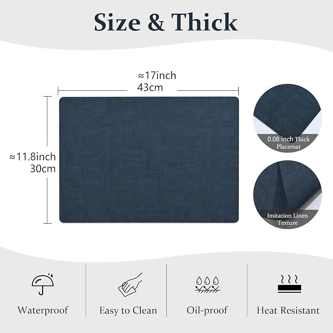 FROMHEART Faux Leather PU Placemats Set of 6 (Dark Blue,11.8" x 17") | Waterproof,Heat/Oil Stain-Resistant Table Mat–Reversible,Non-Slip,Easy to Clean Place Mats for Kitchen,Dining,Indoor/Outdoor - Image 3