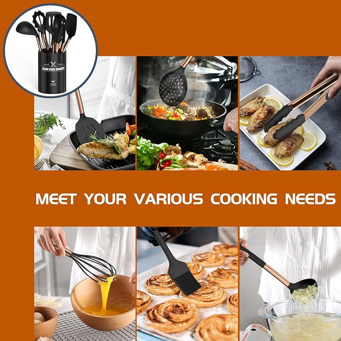 Silicone Cooking Utensil Set, Umite Chef Kitchen Utensils 15pcs Cooking Utensils Set Non-stick Silicone Rose Gold Handle Cooking Tools Whisk Kitchen Tools Set - Balck - Image 3